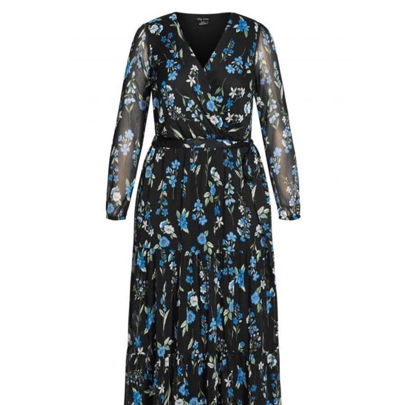 City Chic Women's Maxi Blue Floral Dress - Wrap V-Neck, Flutter Sleeves, Tie Waist, Hi-Lo Hem